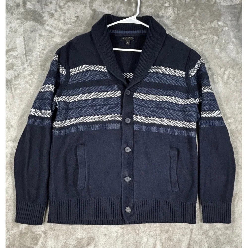 Banana Republic Cardigan Mens XL Blue Striped Shawl‎ Collar Blend